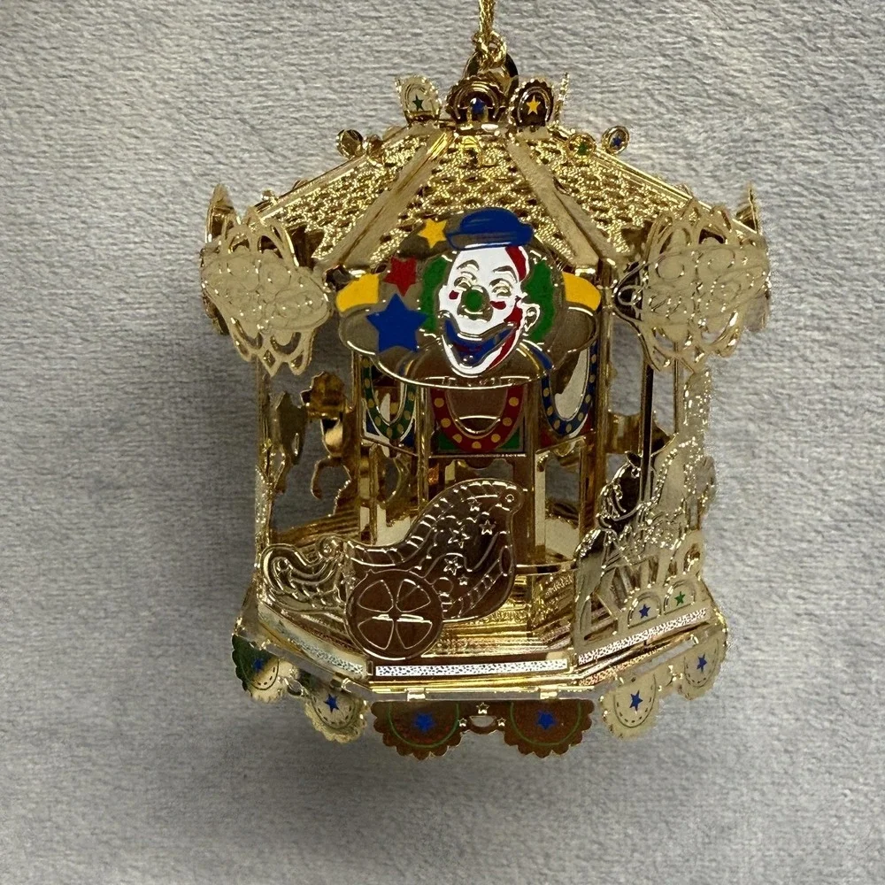 Unique Treasures Circus Clown Carousel Ornament Small Gold Metal Glass‎ Limited
